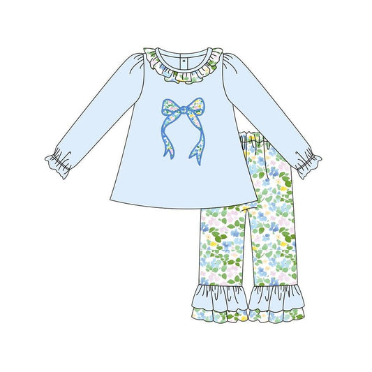 presale GLP2930 Baby Girls Blue Flowers Bows Tunic Ruffle Pants Clothes Sets D 930