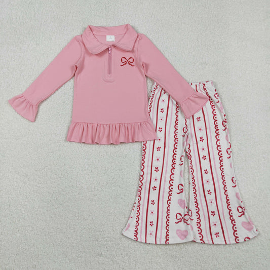 GLP2934 Embroidery Bow Baby Girls Pink Zipper Pullovers Flowers Stripe Bell Bottom Pants Clothes Set D 1206