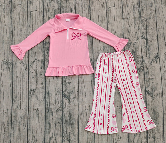 presale GLP2934 Embroidery Bow Baby Girls Pink Zipper Pullovers Flowers Stripe Bell Bottom Pants Clothes Set  D 1013