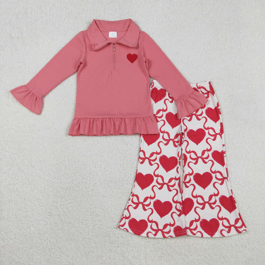 GLP2935 Embroidery Heart Baby Girls Pink Zipper Pullovers Bell Bottom Pants Valentine Clothes Set  D 1206