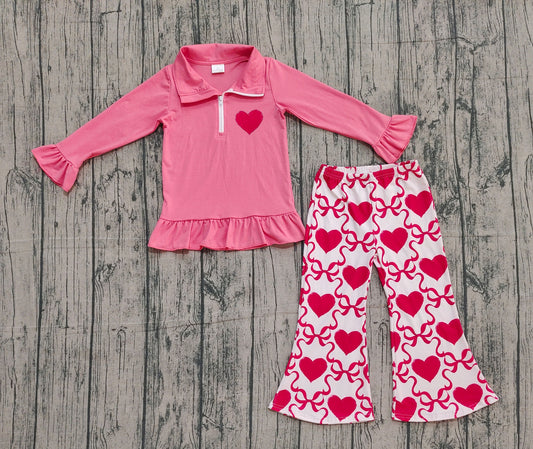 presale GLP2935 Embroidery Heart Baby Girls Pink Zipper Pullovers Bell Bottom Pants Valentine Clothes Set  D 1013