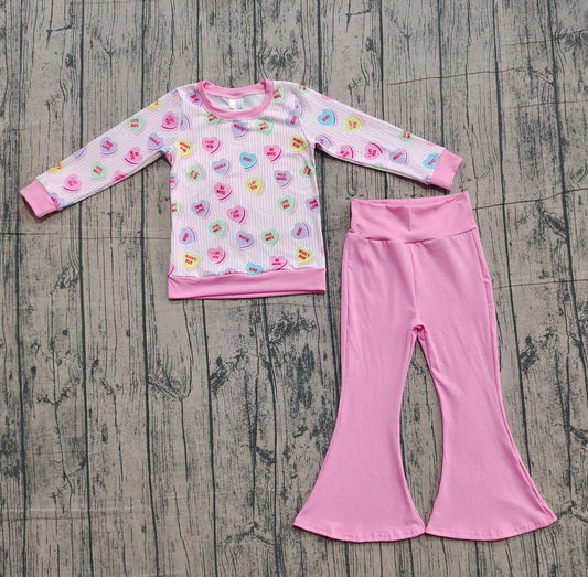 presale GLP2938 Baby Girls Pink Stripe Colorful Hearts Top Bell Bottom Pants Valentine Clothes Sets  D 1105