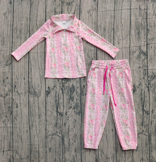 presale GLP2940  Baby Girls Pink Flowers Stripe Pockets Zipper Pullovers Jogger Pants Yoga Clothes Set D 1201