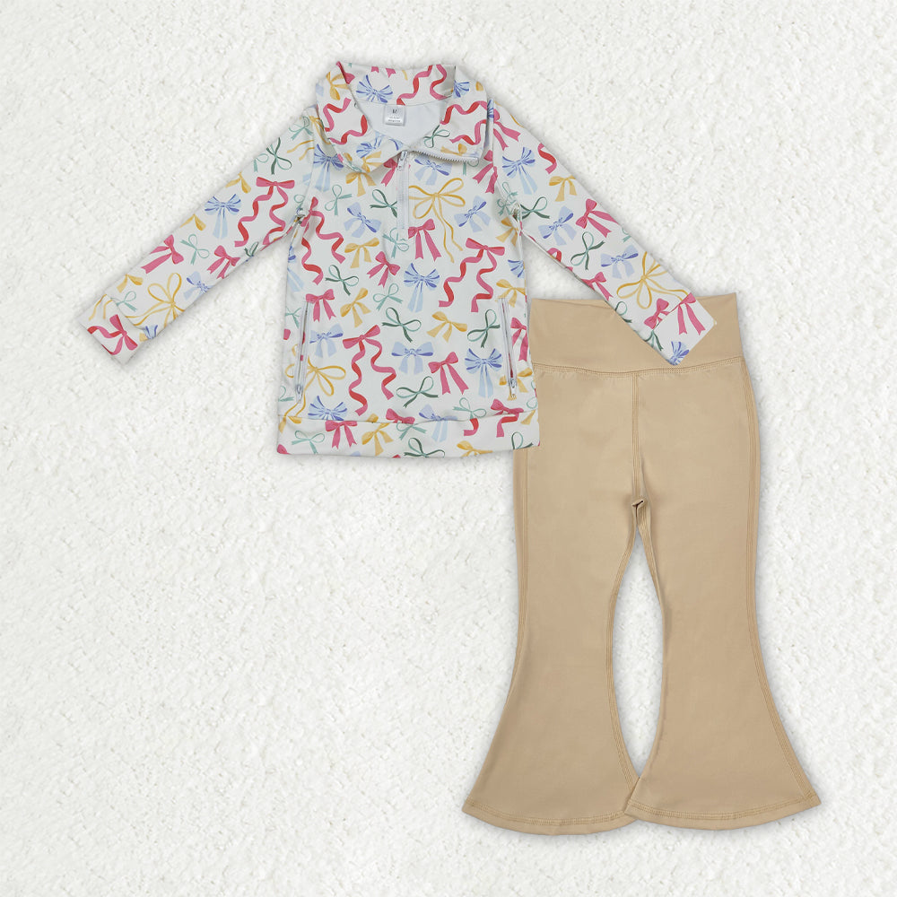 GLP2966 Baby Girls Colorful Bows Zip Pockets Pullover Khaki Bell Bottom Pants Yoga Active Clothes Sets  D 1001