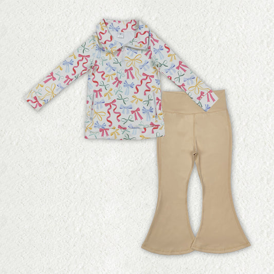GLP2966 Baby Girls Colorful Bows Zip Pockets Pullover Khaki Bell Bottom Pants Yoga Active Clothes Sets D 1001