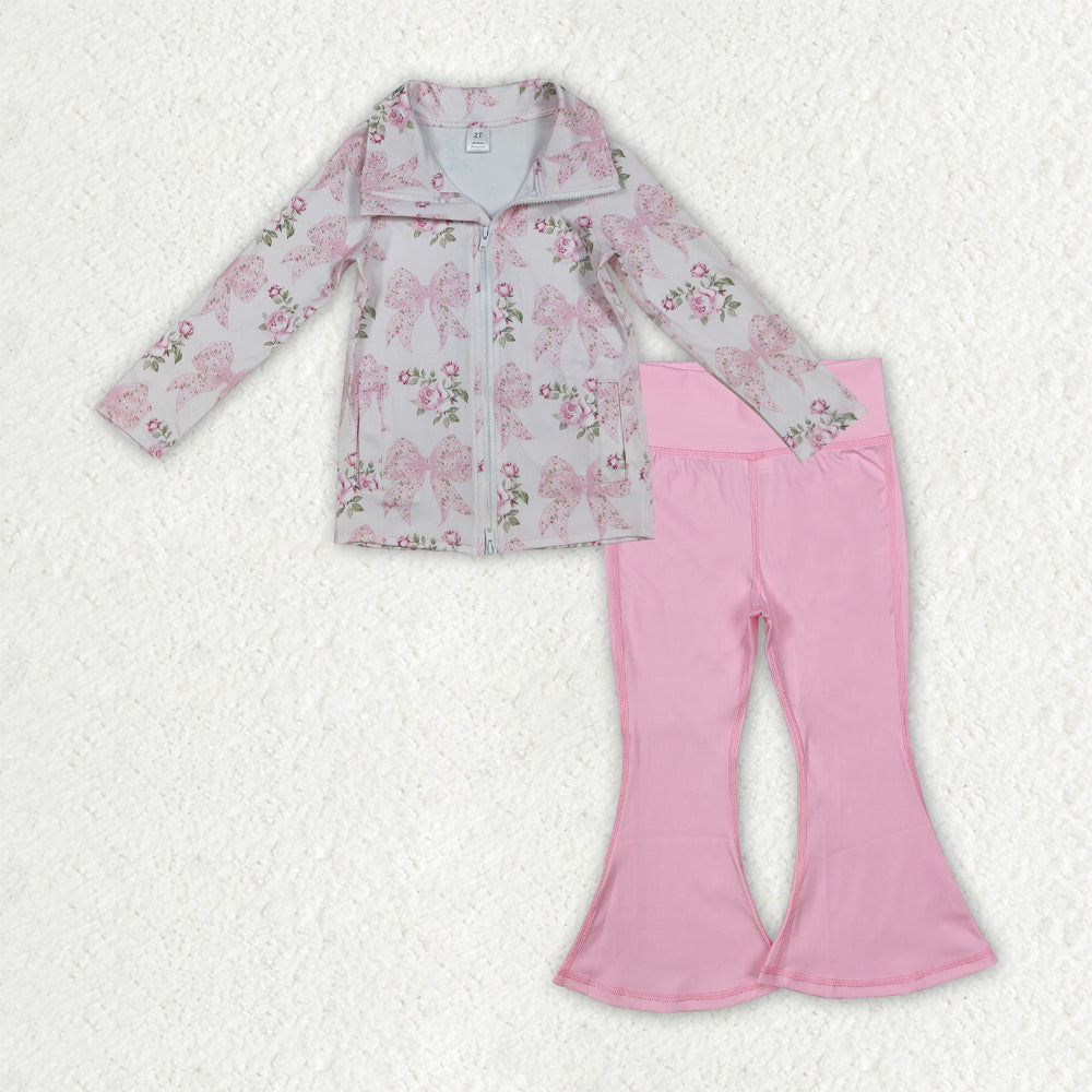 GLP2967 Baby Girls Pink Floral Bows Zip Pockets Pullover Bell Bottom Pants Yoga Active Clothes Sets