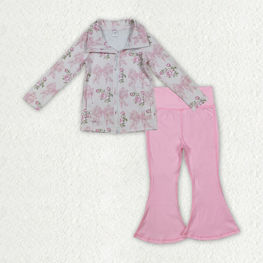 GLP2967 Baby Girls Pink Floral Bows Zip Pockets Pullover Bell Bottom Pants Yoga Active Clothes Sets D 1001