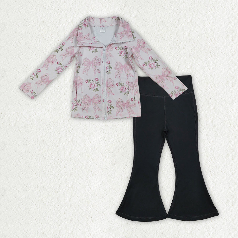 GLP2968 Baby Girls Pink Floral Bows Zip Pockets Pullover Black Bell Bottom Pants Yoga Active Clothes Sets