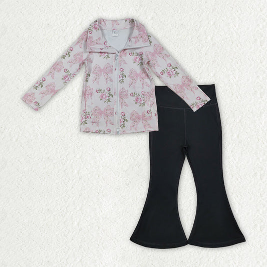 GLP2968 Baby Girls Pink Floral Bows Zip Pockets Pullover Black Bell Bottom Pants Yoga Active Clothes Sets  D 1001