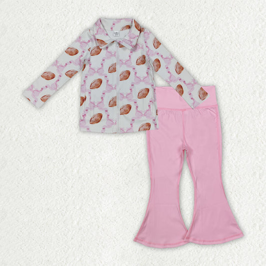 GLP2969 Baby Girls Pink Bows Footballs Checked Zip Pockets Pullover Bell Bottom Pants Yoga Active Clothes Sets D 1001