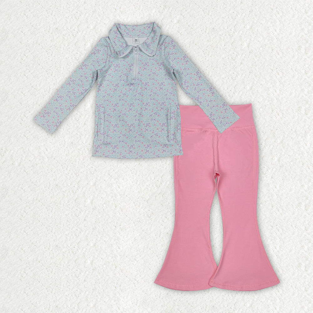 GLP2970 Baby Girls Flowers Zip Pockets Pullover Hot Pink Bell Bottom Pants Yoga Active Clothes Sets