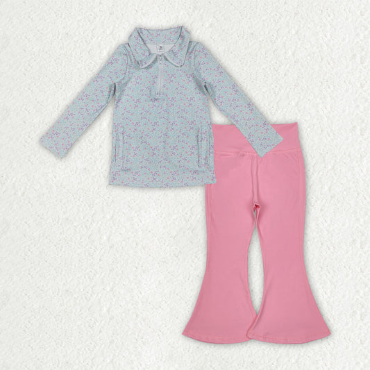 GLP2970 Baby Girls Flowers Zip Pockets Pullover Hot Pink Bell Bottom Pants Yoga Active Clothes Sets  D 1001