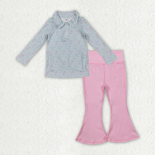 GLP2971 Baby Girls Flowers Zip Pockets Pullover Pink Bell Bottom Pants Yoga Active Clothes Sets D 1001