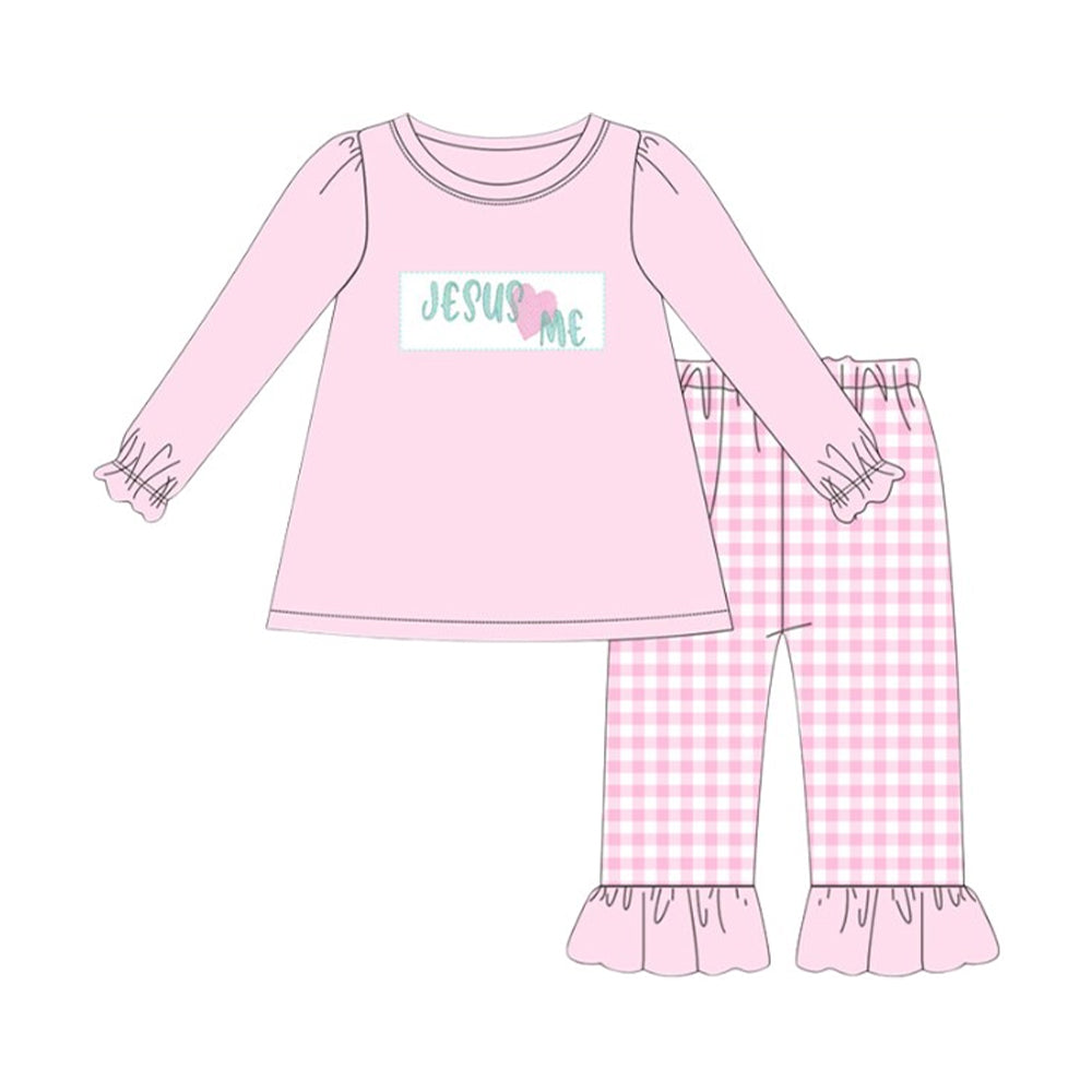 presale GLP2973  Baby Girls Pink Jesus Love Me Tunic Checked Ruffle Pants Clothes Sets D 1001