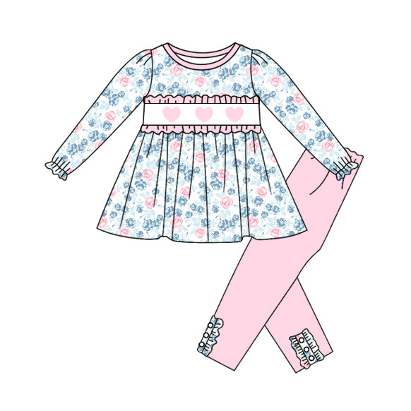 presale GLP2975 Baby Girls Flowers Hearts Tunic Leggings Pants Valentine Clothes Sets  D 1006