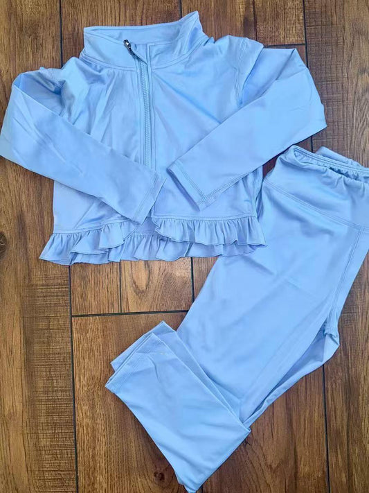 presale GLP2977 Baby Girls Blue Long Sleeve Zipper Jacket Leggings Yoga Clothes Sets D 1007