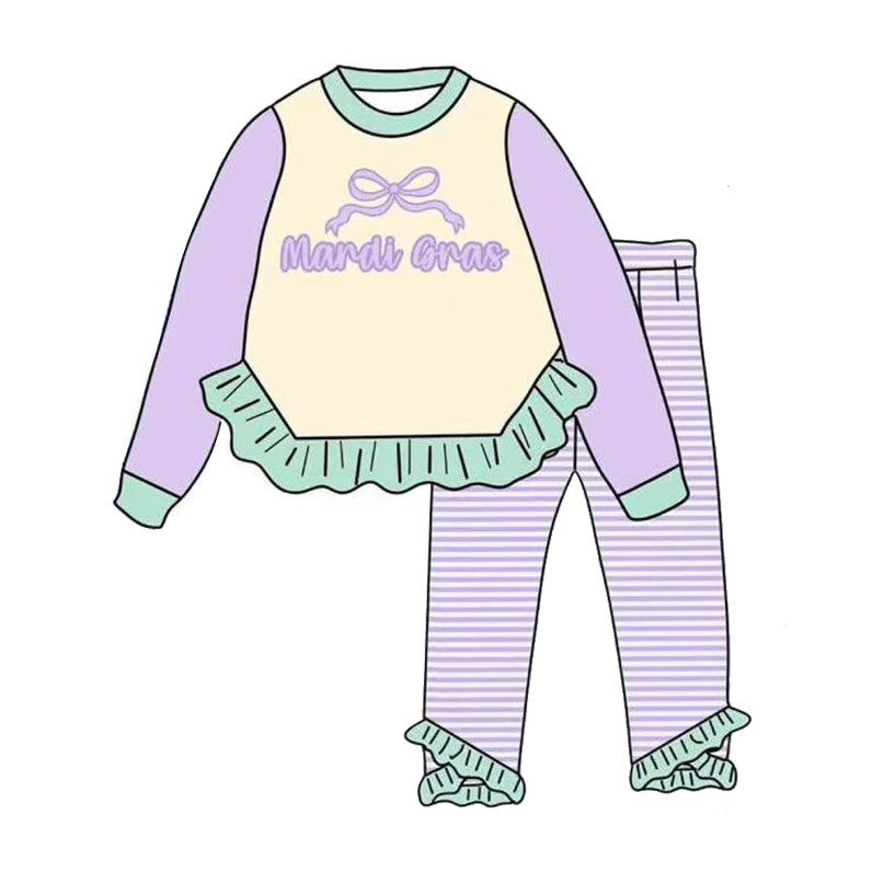 presale GLP2978 Baby Girls Lavender Mardigras Bows Ruffle Top Stripe Leggings Clothes Sets  D 1008