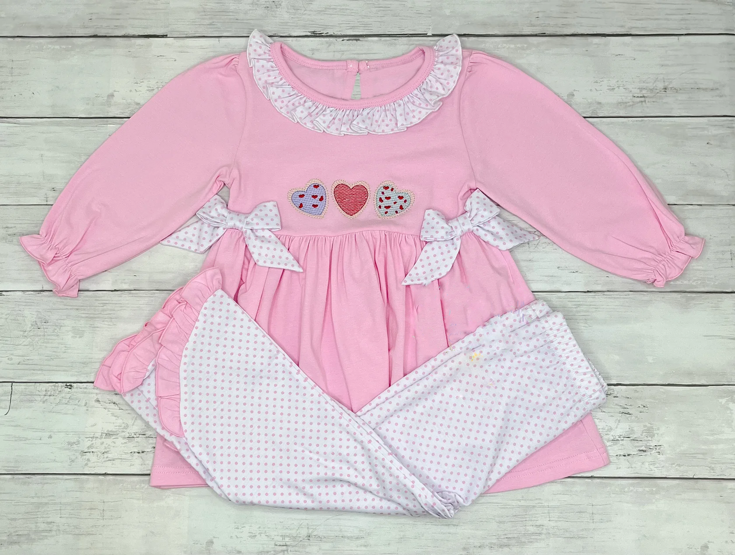 presale GLP2980  Baby Girls Hearts Bows Tunic Polka Dots Pockets Pant Valentine Clothes Sets  D 1008