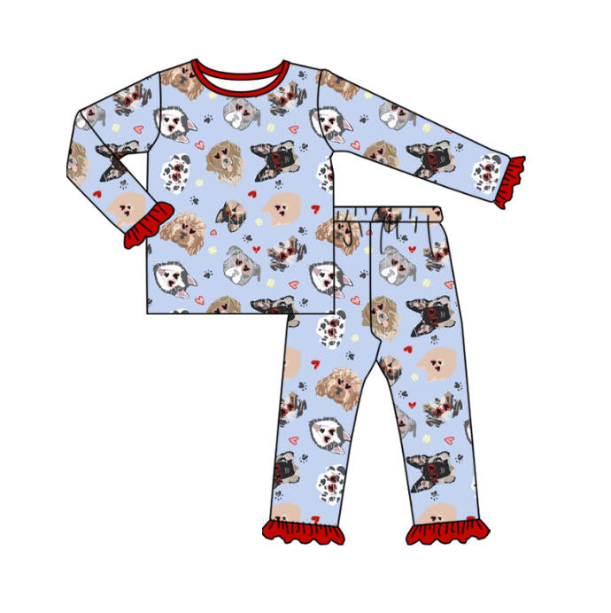presale GLP2982 Valentine's Day Love Puppy Lace Red and Blue Long Sleeve Pants Pajama Set  D 1009
