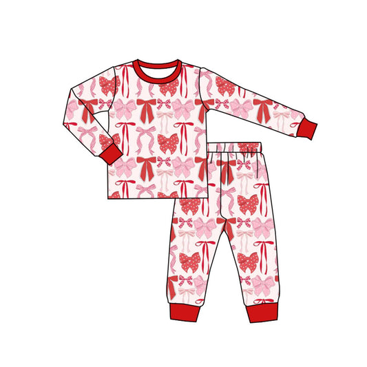 presale GLP2983 Baby Girls Red Pink Bows Plaid Top Pant Valentine Pajamas Sets D 1009