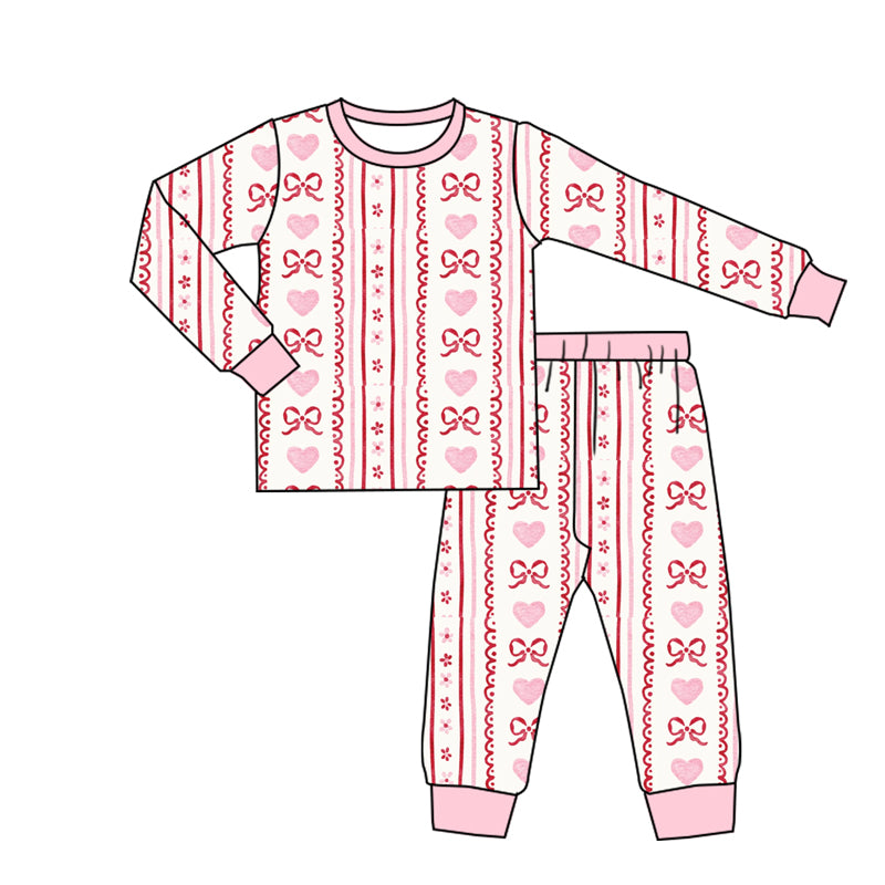 presale GLP2984 Baby Girls Pink Bows Hearts Stripe Top Pant Valentine Pajamas Sets  D 1010