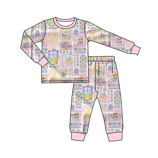 presale GLP2986 Baby Girls Mardigras Anchors Masks Checked Top Pant Pajamas Sets D 1010