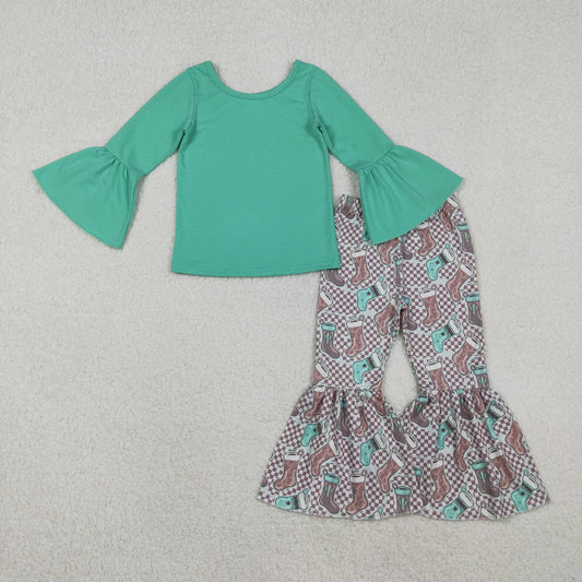 GLP3036 Baby Girls Aqua Top Cactus Boots Bell Bottom Pants Western Clothes Sets