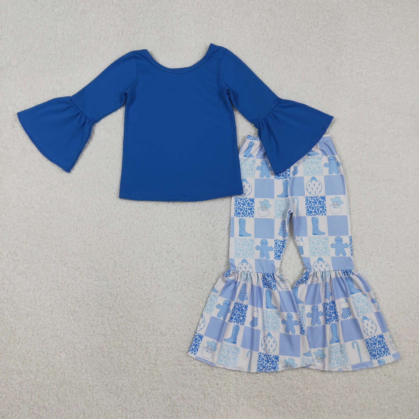 GLP3037  Baby Girls Blue Top Santa Gingerbread Bell Bottom Pant Christmas Clothes Set