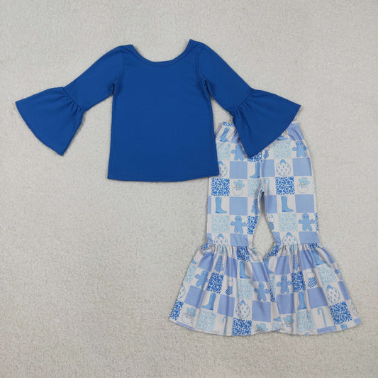 GLP3037  Baby Girls Blue Top Santa Gingerbread Bell Bottom Pant Christmas Clothes Set