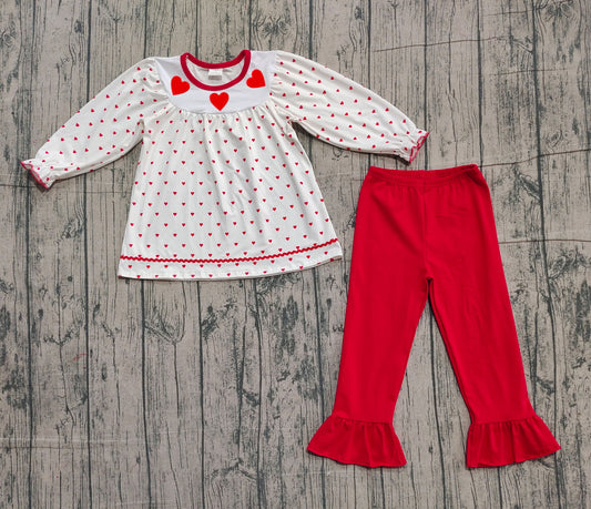 presale GLP3039 Embroidery Hearts Baby Girls Hearts Plaid Tunic Ruffle Pants Valentine Clothes Sets D 1105