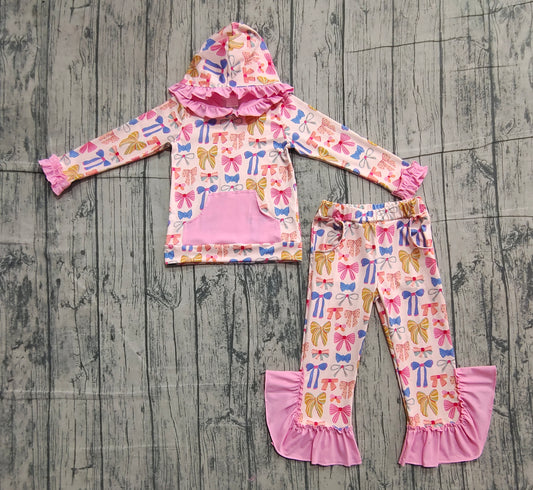 presale GLP3049 Baby Girls Colorful Bows Pockets Ruffle Hoodie Bell Bottom Pants Clothes Sets D 1127