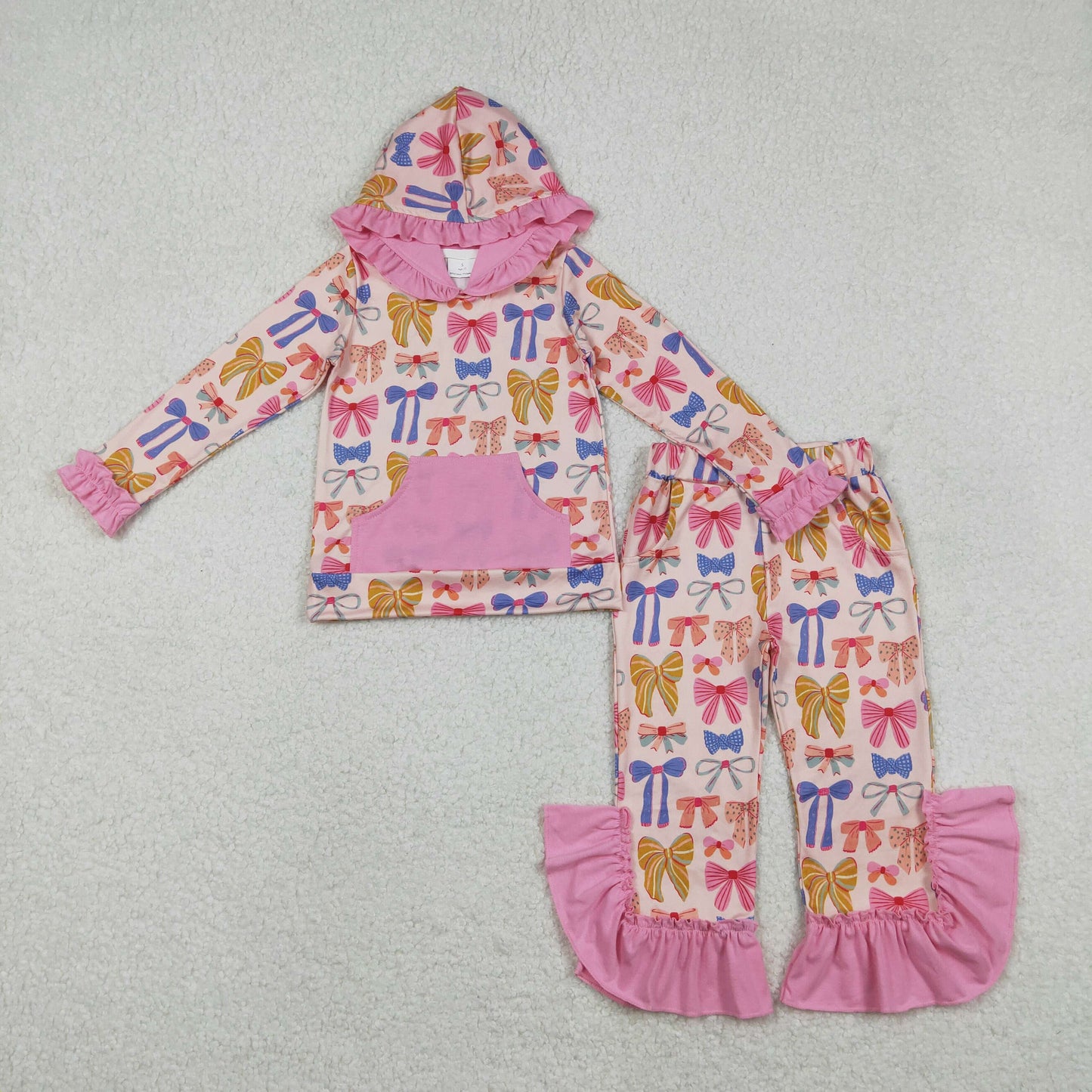 GLP3049 Baby Girls Colorful Bows Pockets Ruffle Hoodie Bell Bottom Pants Clothes Sets D 1127