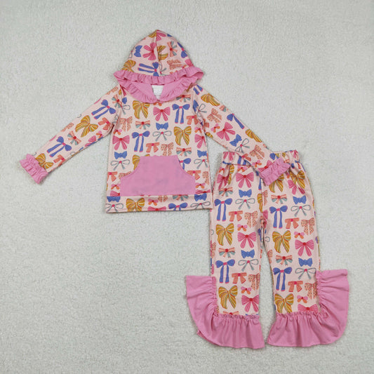 GLP3049 Baby Girls Colorful Bows Pockets Ruffle Hoodie Bell Bottom Pants Clothes Sets D 1127