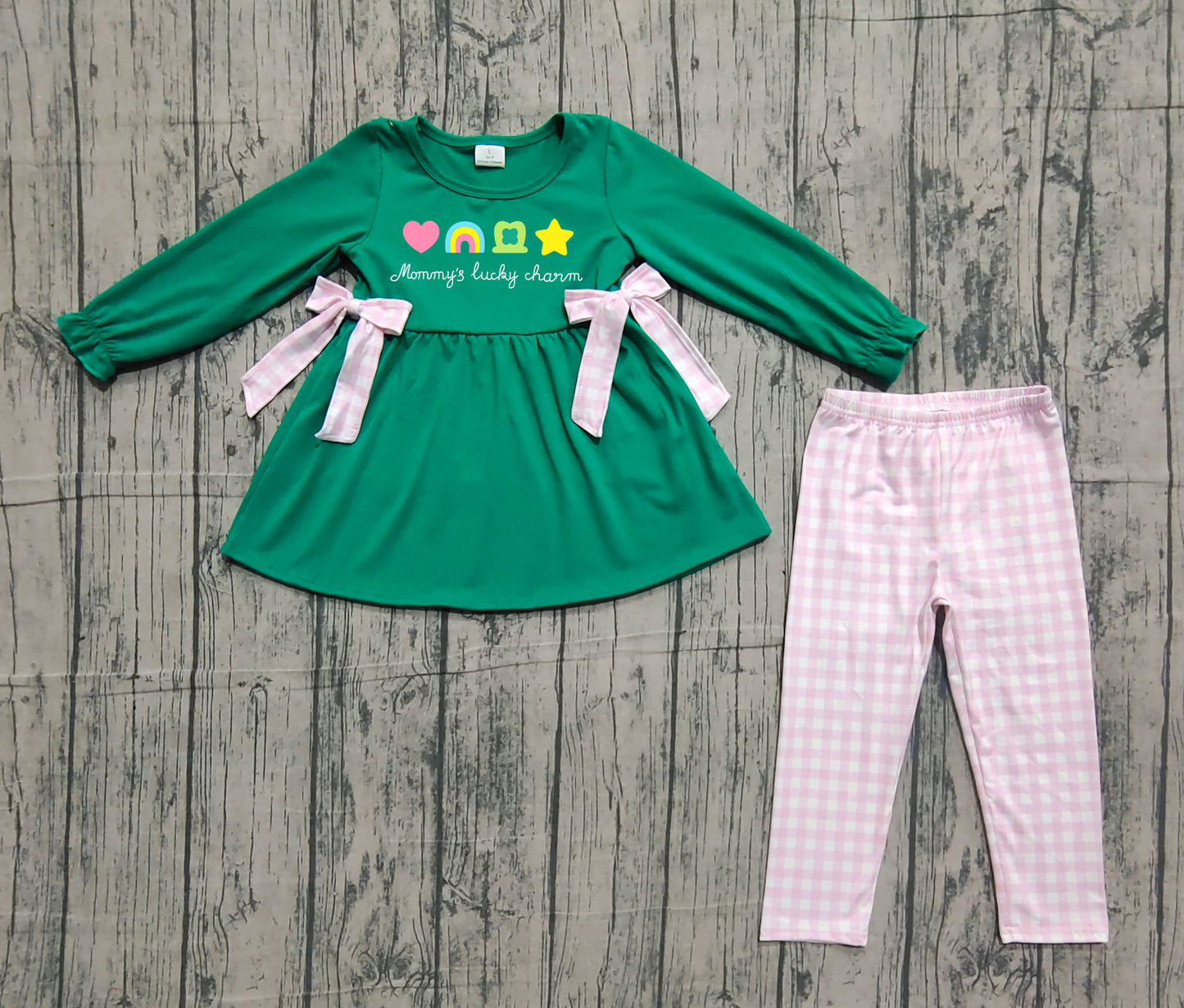 presale GLP3066 Embroidery Clovers Bows Baby Girls Tunic Checked Leggings St Patrick Clothes Sets  D 1204
