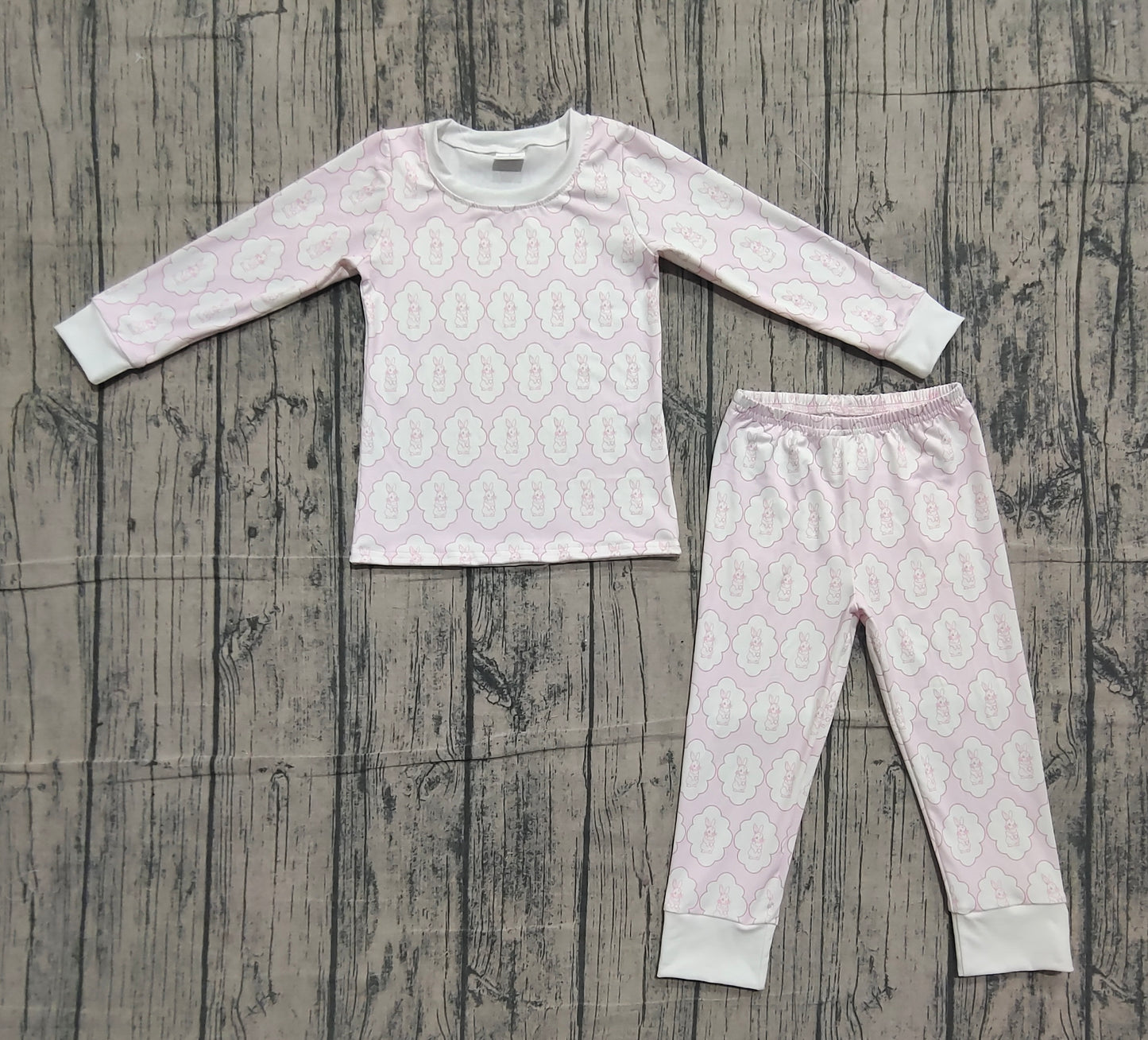 presale GLP3067 Baby Girls Pink Rabbits Eggs Checked Top Pants Easter Pajamas Sets   D 1205