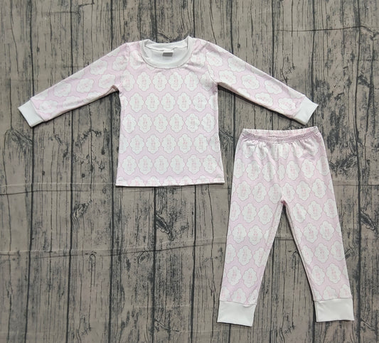 presale GLP3067 Baby Girls Pink Rabbits Eggs Checked Top Pants Easter Pajamas Sets D 1205