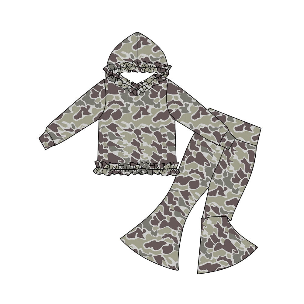 presale  GLP3074 Baby Girls Dark Grey Camo Ruffle Hoodies Bell Bottom Pants Southern Clothes Sets  D 1108