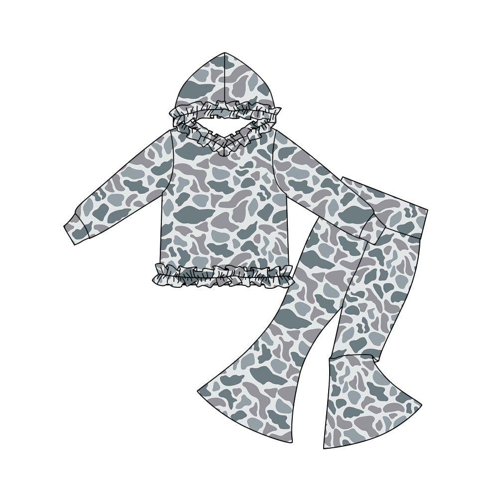 presale GLP3076 Baby Girls Grey Camo Ruffle Hoodies Bell Bottom Pants Southern Clothes Sets D 1108