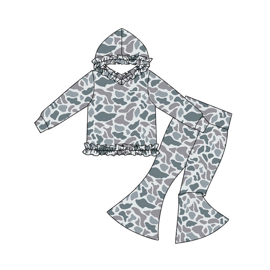 presale GLP3076 Baby Girls Grey Camo Ruffle Hoodies Bell Bottom Pants Southern Clothes Sets D 1108