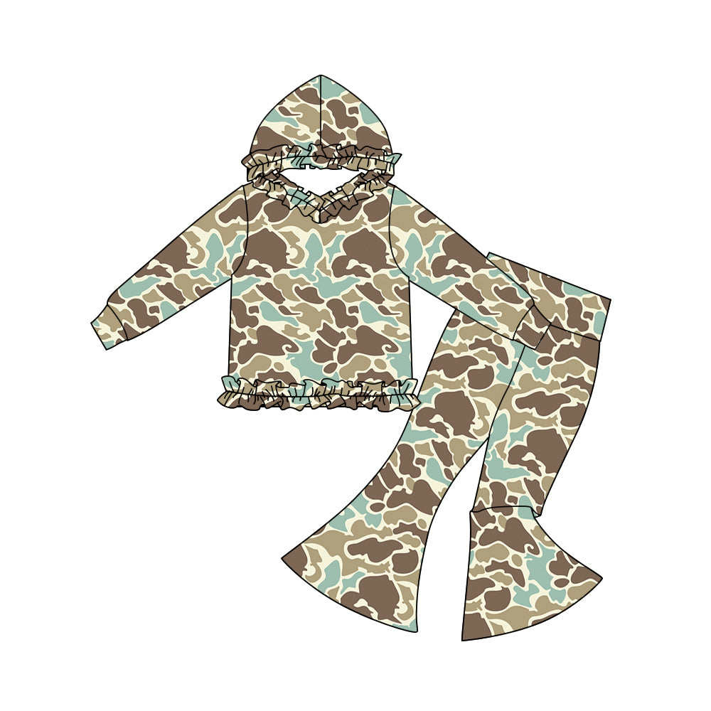 presale GLP3077 Baby Girls Grey Khaki Camo Ruffle Hoodies Bell Bottom Pants Southern Clothes Sets  D 1108