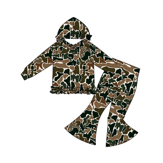 presale GLP3078 Baby Girls Dark Brown Camo Ruffle Hoodies Bell Bottom Pants Southern Clothes Sets   D 1108