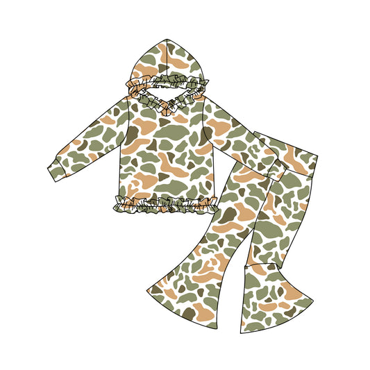 presale GLP3080  Baby Girls Green Orange Camo Ruffle Hoodies Bell Bottom Pants Southern Clothes Sets D 1108