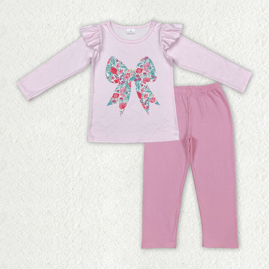 GLP3087 Baby Girls Pink Floral Bows Top Leggings Pants Clothes Sets D 1112