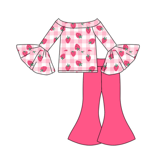 presale GLP3088 Baby Girls Pink Checked Strawberry Top Bell Bottom Pants Clothes Sets D 1114