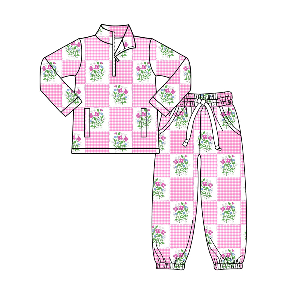 presale GLP3090 Baby Girls Pink Flowers Checked Zipper Pockets Pullovers Jogger Clothes Sets  D 1119