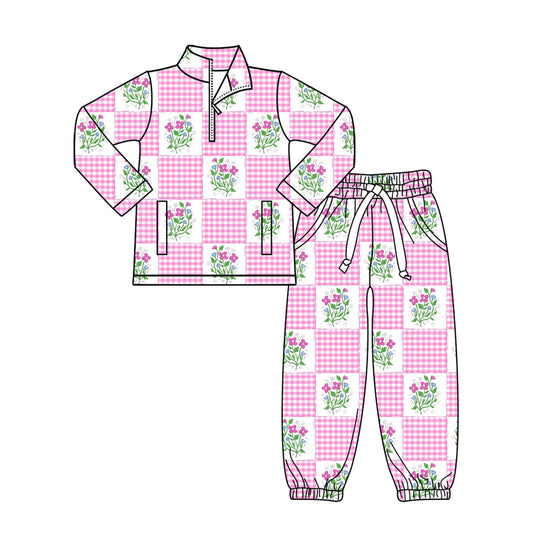 presale GLP3090 Baby Girls Pink Flowers Checked Zipper Pockets Pullovers Jogger Clothes Sets D 1119
