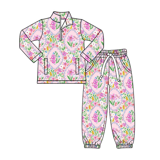 presale GLP3092  Baby Girls Pink Flowers Checked Zipper Pockets Pullovers Jogger Clothes Sets D 1119