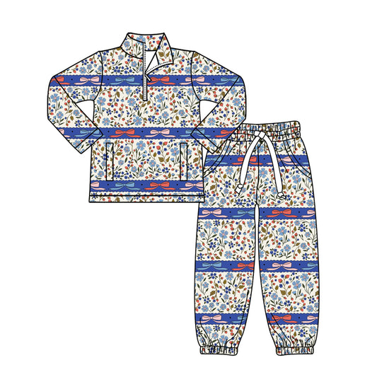 presale GLP3093 Baby Girls Floral Bows Stripe Zipper Pockets Pullovers Jogger Clothes Sets D 1119