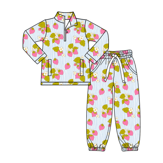 presale GLP3094 Baby Girls Flowers Strawberry Zipper Pockets Pullovers Jogger Clothes Sets D 1119
