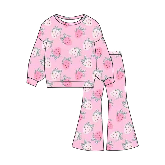 presale GLP3095 Baby Girls Pink Bows Strawberry Top Flare Pants Clothes Sets D 1119